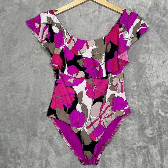 Trina Turk Swimsuit Womens 8 One Piece Pink Black Ruffle Floral Bathing Suit - Picture 1 of 7